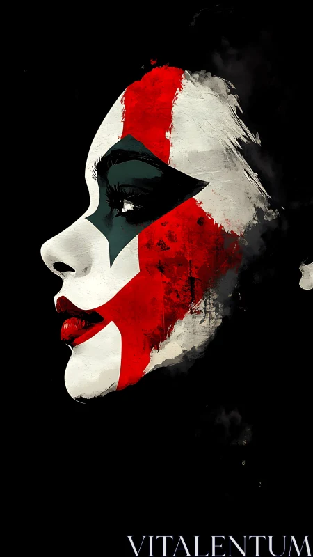 Profiled clown mask portrait in stark abstract colors.