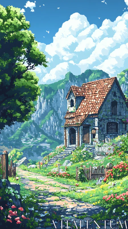 Stone house on hillside path in mountainous rural landscape.