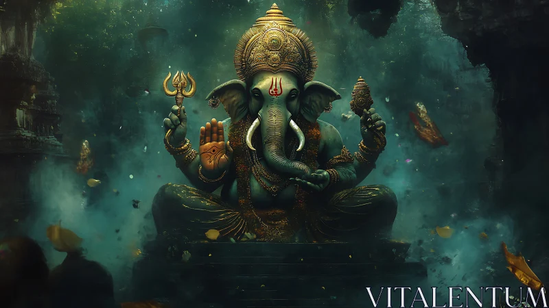 Mystic elephant deity resting in a glowing forest shrine.