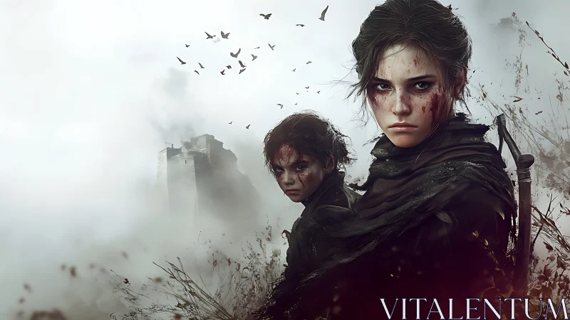 War-torn siblings stand defiant in a mist-shrouded wasteland