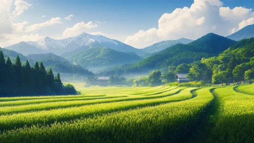 Terraced green fields extend toward forested hills and peaks