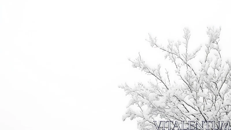 Minimalist snow-covered tree branches against white winter sky.