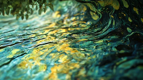 Liquid gold current swirls through teal abstract stream.