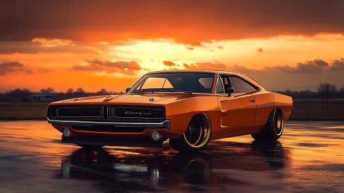 Orange classic muscle car parked on wet runway at sunset.