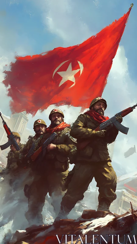 Bold soldiers stride forward under a sweeping red banner
