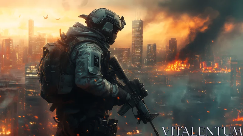 Lone urban soldier watching a neon inferno swallow the city.