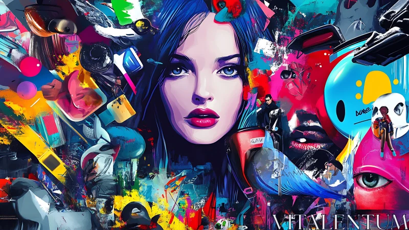 Vibrant neo-pop portrait with fragmented urban iconography.