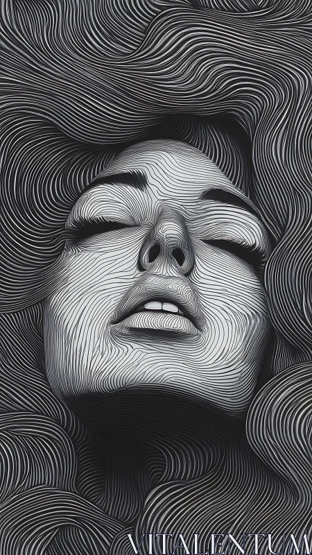 Vector-line portrait immersed in fluid monochrome topography.