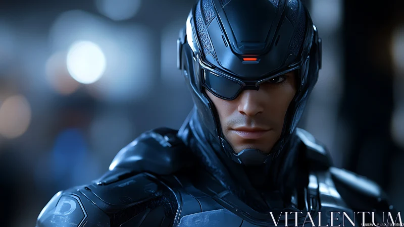 Futuristic cyber warrior gazes ahead with calm confidence