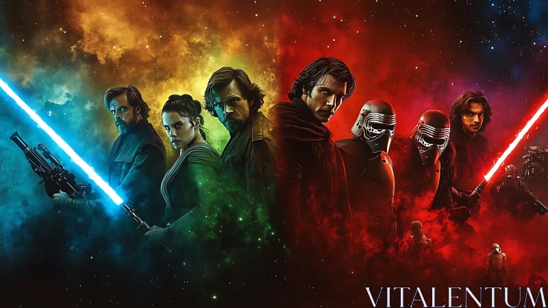 Sci fi duel composition with blue and red energy blades.