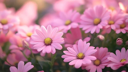 Pink daisy flowers with yellow centers in shallow focus garden scene.
