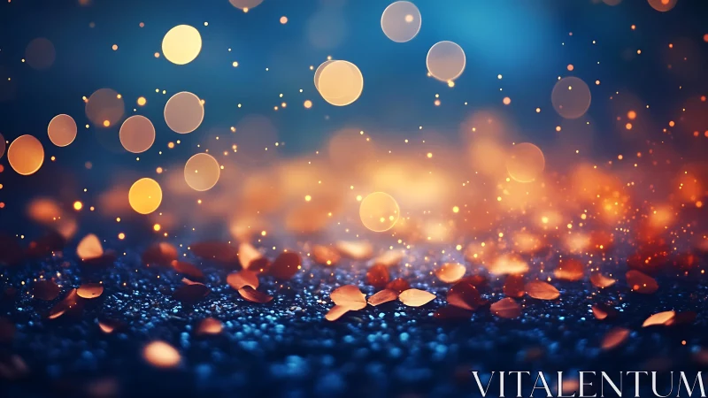 Warm golden bokeh lights over sparkling petals, abstract dreamy style.