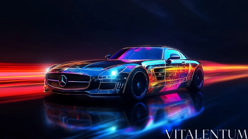 Neon-lit sports car racing through futuristic light trails.
