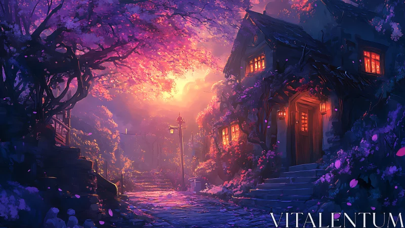 Twilight cottage glow along a dreamy blossom-lined path.