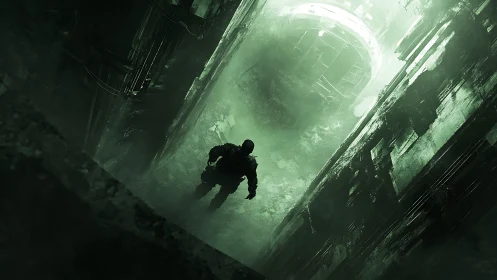 Cinematic cyberpunk corridor with lone operative silhouette.