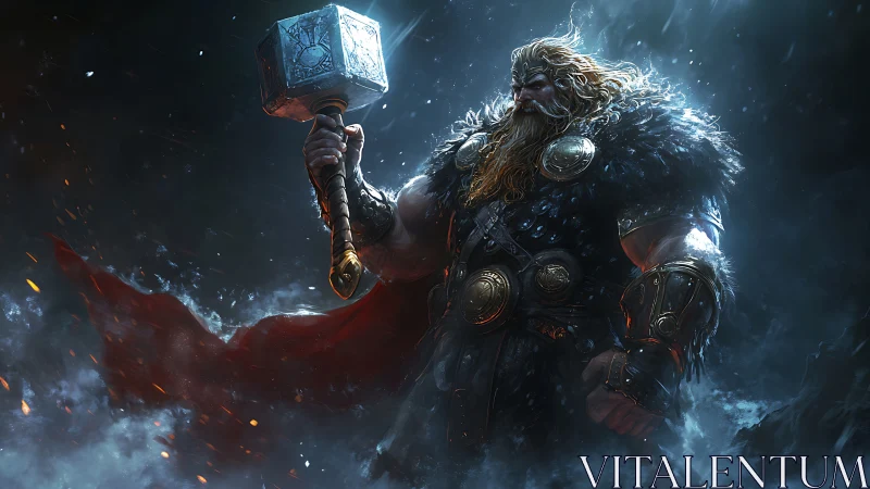Digital painting of storm-forged Norse warrior with hammer poised.