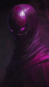 Neon-cloaked cyber assassin portrait with volumetric lighting.