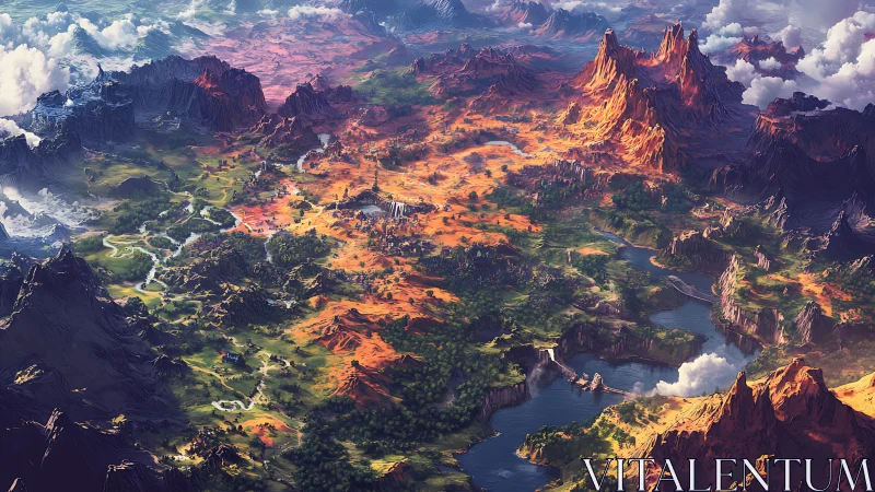 Cartographer’s daydream over twin rivers and ember peaks.