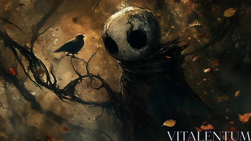 Haunting forest effigy watches a lone crow in autumn dusk.