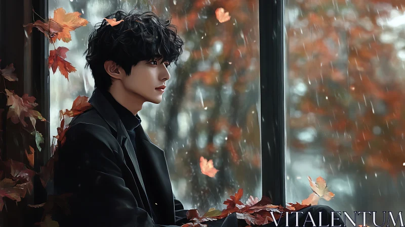 Autumnal windowside portrait under soft-focus rainfall rendering.