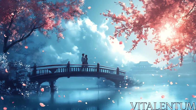 Romantic couple on arched bridge in misty sakura lakeside dusk