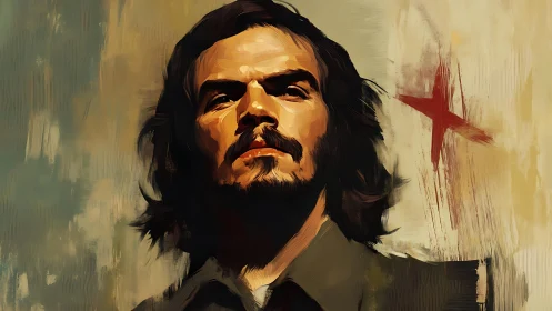 Defiant long haired rebel under a rough painted red star.