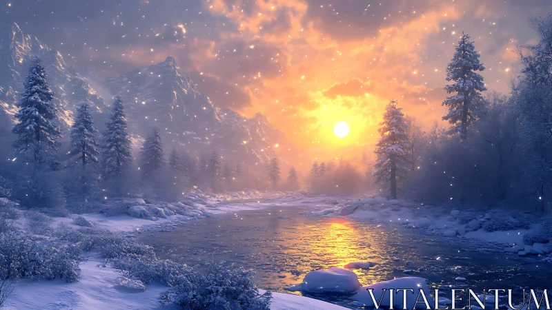 Snowlit river hums quietly beneath a blazing winter sunrise
