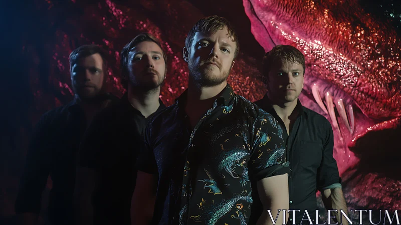 Indie rock band portrait under neon reptile backdrop.