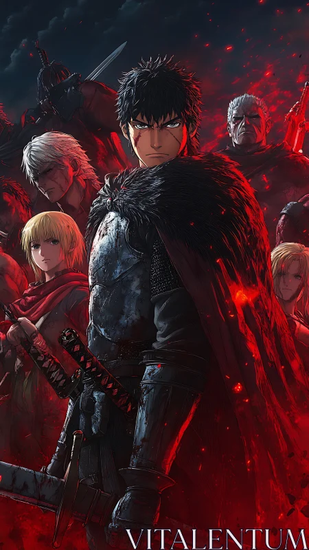 Armored swordsman stands before group in red-lit scene