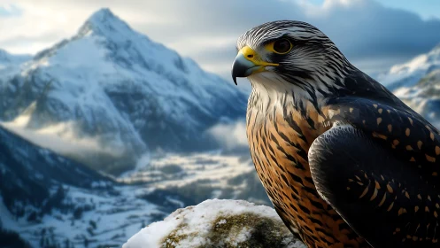 Majestic falcon perched on snowy rock in realistic mountain landscape.
