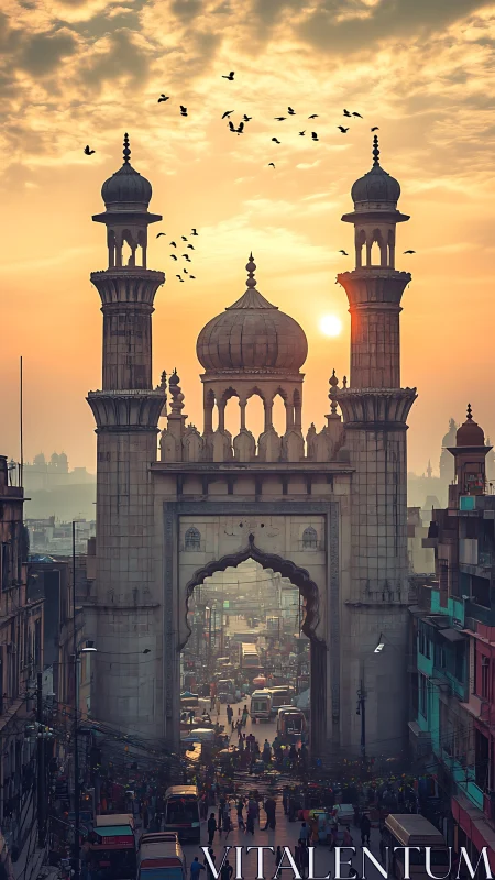 Sunlit Mughal gateway frames congested urban thoroughfare at dusk