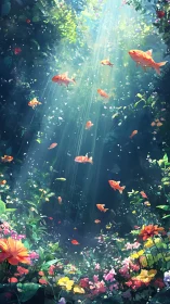 Golden fish drift through a sunlit underwater flower forest