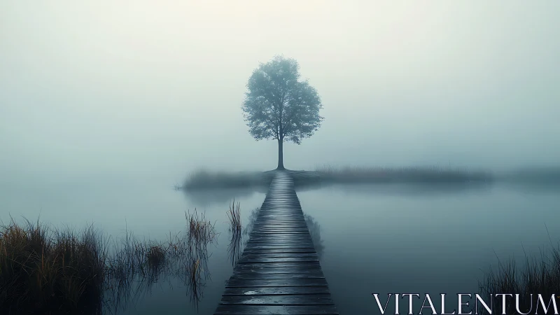 Solitary lakeside tree framed by mist and narrow wooden pier.
