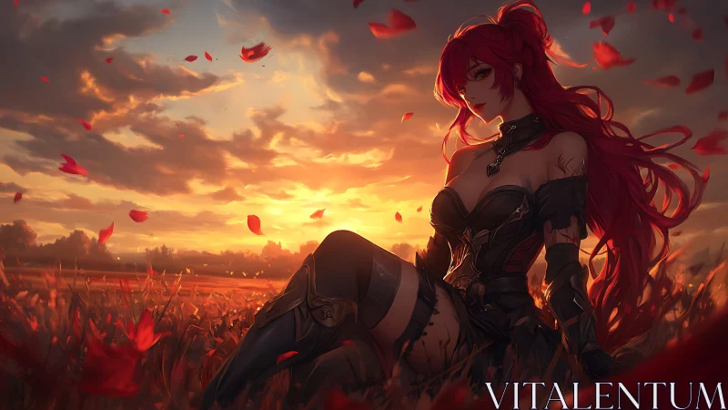 Crimson warrior lounges while the sunset smolders around her