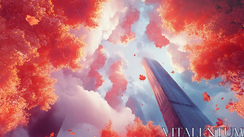 Crimson treetops frame soaring towers in luminous sky portal.