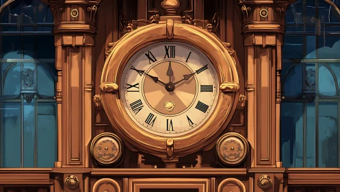 Ornate wall clock with Roman numerals in wood surround.