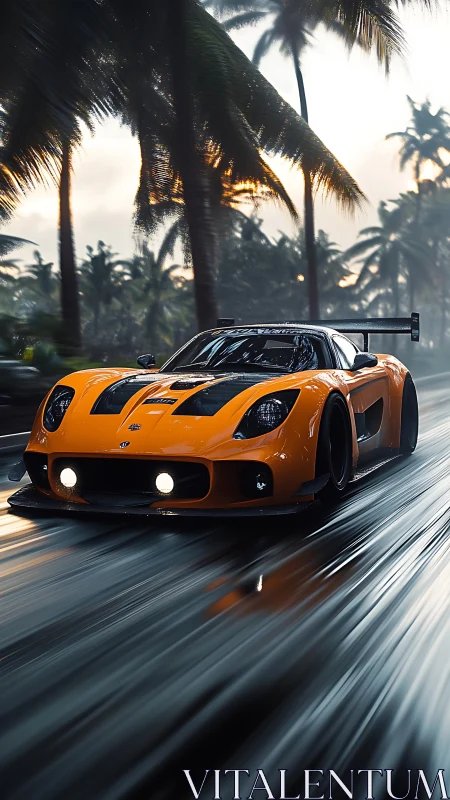 Orange race car storms wet palm road at dusk