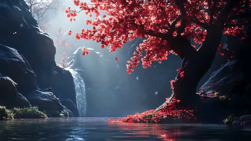 Radiant crimson tree beside misty waterfall lagoon at dusk.