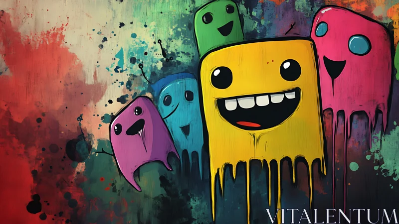 Cheerful dripping monster friends share a colorful street laugh