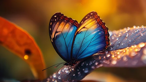 Macro study of blue butterfly wings on dew‑covered leaf at sunrise