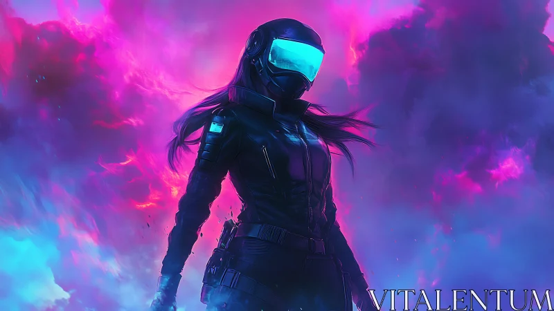 Neon storm rider in chrome visor and prismatic vapor veil.