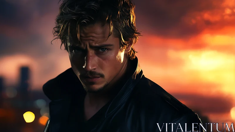 Man in dark jacket before sunset city skyline. Period.