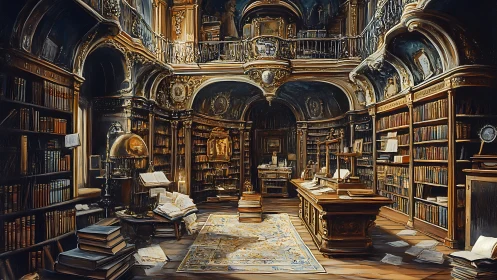 Grand historic library interior filled with books and desks.