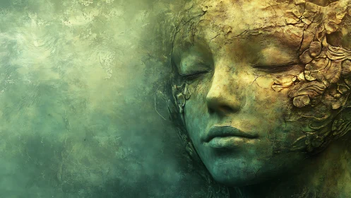 Digital painting of weathered moss goddess face in profile focus.