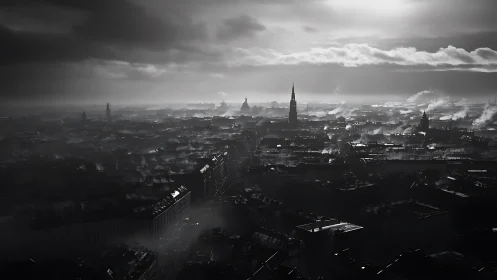 Smoky industrial city skyline under brooding storm light.