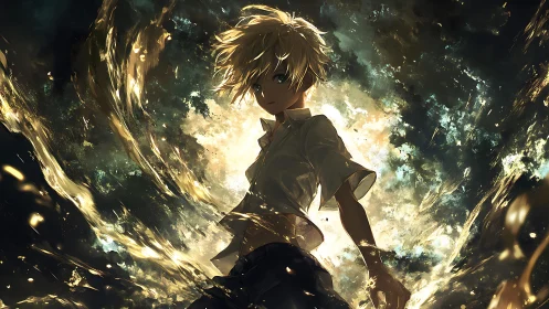 Backlit anime boy amid swirling golden energy vortex field
