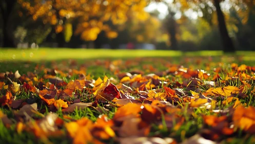 Fallen autumn leaves scattered across sunlit green grass.