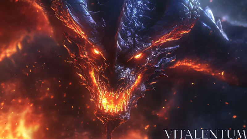 Molten fire dragon head roaring in blazing inferno.