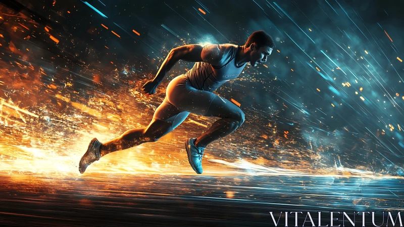 Sprinter charging through fire and light with bold energy.