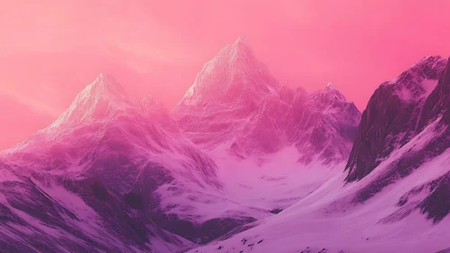 Snowy mountain range glows under vivid pink twilight sky
